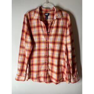 Lands' End Red Orange Plaid Flannel Shirt Cotton Women's Size LT Large Tall